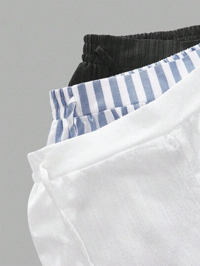 SHEIN Essnce 3 قطع مجموعة بنطلون نسائي كاجوال بخطوط أسود وأبيض على الطراز البحري مع جيوب، ساق مستقيمة، مناسب للعطلات الصيفية