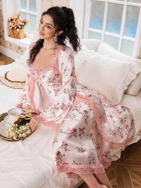 FloralLove مجموعة بيجامات نسائية مكونة من فستان نوم وردي مطبوع بزهور مع تريم من الدانتيل وروب حزام من الساتان، مجموعة ملابس منزلية أنيقة ودافئة للخريف والشتاء