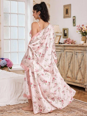 FloralLove مجموعة بيجامات نسائية مكونة من فستان نوم وردي مطبوع بزهور مع تريم من الدانتيل وروب حزام من الساتان، مجموعة ملابس منزلية أنيقة ودافئة للخريف والشتاء
