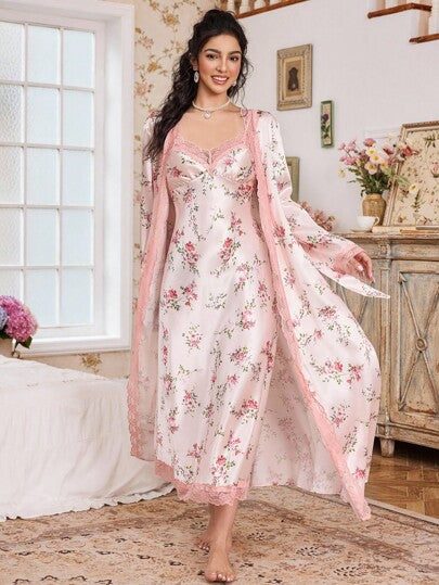 FloralLove مجموعة بيجامات نسائية مكونة من فستان نوم وردي مطبوع بزهور مع تريم من الدانتيل وروب حزام من الساتان، مجموعة ملابس منزلية أنيقة ودافئة للخريف والشتاء