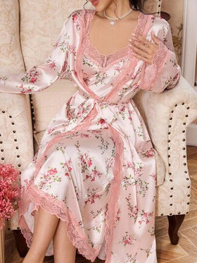 FloralLove مجموعة بيجامات نسائية مكونة من فستان نوم وردي مطبوع بزهور مع تريم من الدانتيل وروب حزام من الساتان، مجموعة ملابس منزلية أنيقة ودافئة للخريف والشتاء