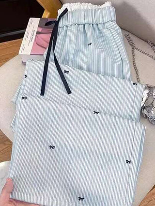 Comfortcana بنطلون نسائي فضفاض بأرجل واسعة بنمط شريطي وفيونكة
