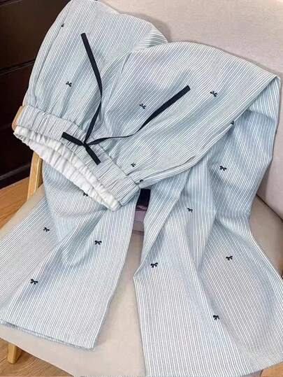 Comfortcana بنطلون نسائي فضفاض بأرجل واسعة بنمط شريطي وفيونكة