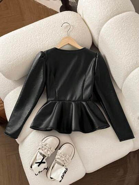 SHEIN معطف جاكيت أنيقة للفتيات المراهقات بطراز الشارع الحداثي، من قماش البولي يوريثان المخملي السميك مع كشكشة عند الخصر وسحاب معدني أمامي، لون أسود، ملابس شتوية خريفية مريحة للغاية للنساء