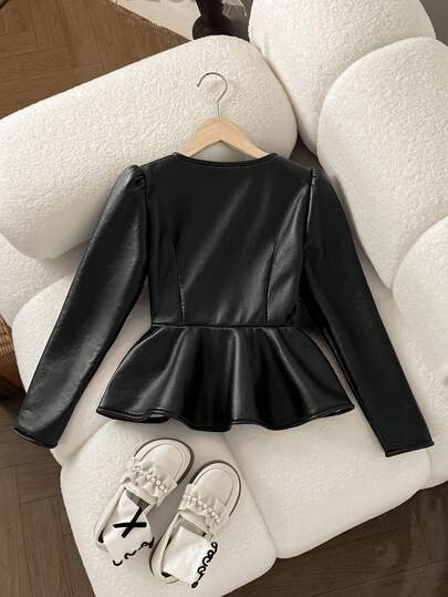 SHEIN معطف جاكيت أنيقة للفتيات المراهقات بطراز الشارع الحداثي، من قماش البولي يوريثان المخملي السميك مع كشكشة عند الخصر وسحاب معدني أمامي، لون أسود، ملابس شتوية خريفية مريحة للغاية للنساء