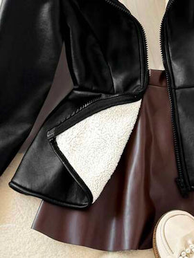SHEIN معطف جاكيت أنيقة للفتيات المراهقات بطراز الشارع الحداثي، من قماش البولي يوريثان المخملي السميك مع كشكشة عند الخصر وسحاب معدني أمامي، لون أسود، ملابس شتوية خريفية مريحة للغاية للنساء