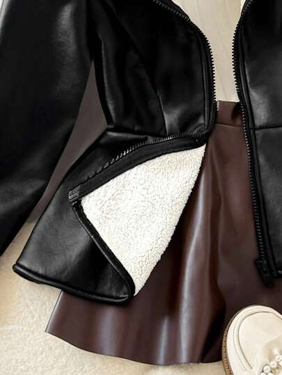 SHEIN معطف جاكيت أنيقة للفتيات المراهقات بطراز الشارع الحداثي، من قماش البولي يوريثان المخملي السميك مع كشكشة عند الخصر وسحاب معدني أمامي، لون أسود، ملابس شتوية خريفية مريحة للغاية للنساء