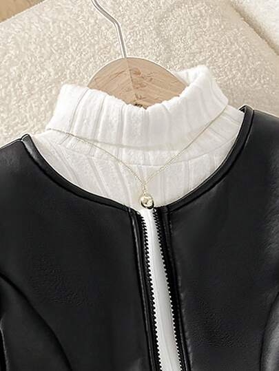SHEIN معطف جاكيت أنيقة للفتيات المراهقات بطراز الشارع الحداثي، من قماش البولي يوريثان المخملي السميك مع كشكشة عند الخصر وسحاب معدني أمامي، لون أسود، ملابس شتوية خريفية مريحة للغاية للنساء