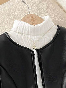 SHEIN معطف جاكيت أنيقة للفتيات المراهقات بطراز الشارع الحداثي، من قماش البولي يوريثان المخملي السميك مع كشكشة عند الخصر وسحاب معدني أمامي، لون أسود، ملابس شتوية خريفية مريحة للغاية للنساء