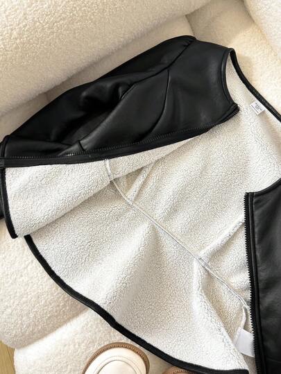 SHEIN معطف جاكيت أنيقة للفتيات المراهقات بطراز الشارع الحداثي، من قماش البولي يوريثان المخملي السميك مع كشكشة عند الخصر وسحاب معدني أمامي، لون أسود، ملابس شتوية خريفية مريحة للغاية للنساء