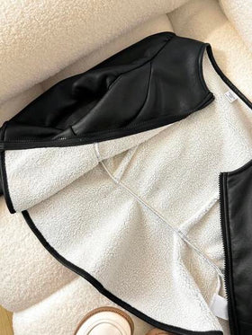 SHEIN معطف جاكيت أنيقة للفتيات المراهقات بطراز الشارع الحداثي، من قماش البولي يوريثان المخملي السميك مع كشكشة عند الخصر وسحاب معدني أمامي، لون أسود، ملابس شتوية خريفية مريحة للغاية للنساء