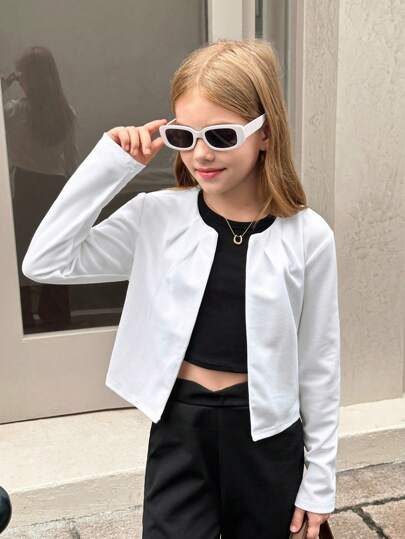 SHEIN Serisse Kids جاكيت قصيرة ذات أكمام ثلاثة أرباع للفتاة الصغيرة بياقة دائرية مفتوحة من الأمام مع طيات، لونها أحادي، متعددة الاستخدامات والملائمة لارتداء اليومي، للعودة إلى المدرسة