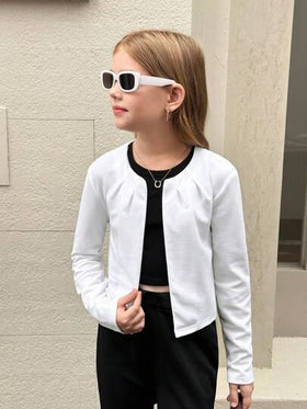 SHEIN Serisse Kids جاكيت قصيرة ذات أكمام ثلاثة أرباع للفتاة الصغيرة بياقة دائرية مفتوحة من الأمام مع طيات، لونها أحادي، متعددة الاستخدامات والملائمة لارتداء اليومي، للعودة إلى المدرسة