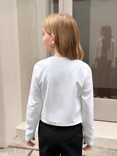 SHEIN Serisse Kids جاكيت قصيرة ذات أكمام ثلاثة أرباع للفتاة الصغيرة بياقة دائرية مفتوحة من الأمام مع طيات، لونها أحادي، متعددة الاستخدامات والملائمة لارتداء اليومي، للعودة إلى المدرسة