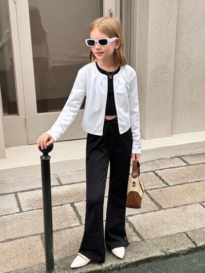 SHEIN Serisse Kids جاكيت قصيرة ذات أكمام ثلاثة أرباع للفتاة الصغيرة بياقة دائرية مفتوحة من الأمام مع طيات، لونها أحادي، متعددة الاستخدامات والملائمة لارتداء اليومي، للعودة إلى المدرسة