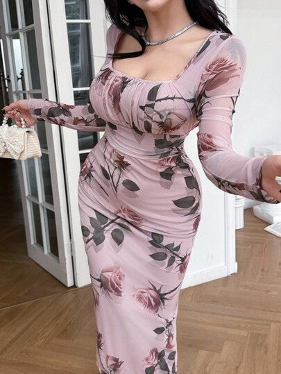 Feyla فستان أنيق بخصر مضبوط وأكمام طويلة وطول متوسط للنساء
