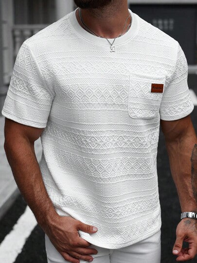 Manfinity CasualCool قميص تي شيرت رجالي بتصميم هندسي ملون ذو جيب على الصدر الأيسر مع شعار، مناسب للحفلات والعطلات والمكتب والمنزل والخارج، هدية مثالية للصديق أو الزوج