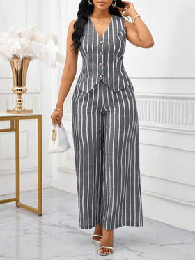 SHEIN Lady بدلة نسائية أنيقة بدون أكمام مكونة من سترة وبنطلون بتصميم شريطي ملون، طراز عمل وتنقل، بدلة صيفية نسائية قطعتين، بدلة عمل نسائية مخططة مكونة من قطعتين