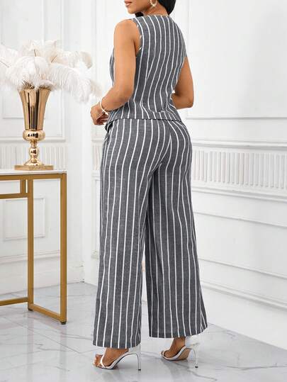 SHEIN Lady بدلة نسائية أنيقة بدون أكمام مكونة من سترة وبنطلون بتصميم شريطي ملون، طراز عمل وتنقل، بدلة صيفية نسائية قطعتين، بدلة عمل نسائية مخططة مكونة من قطعتين