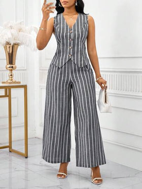 SHEIN Lady بدلة نسائية أنيقة بدون أكمام مكونة من سترة وبنطلون بتصميم شريطي ملون، طراز عمل وتنقل، بدلة صيفية نسائية قطعتين، بدلة عمل نسائية مخططة مكونة من قطعتين
