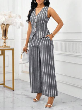SHEIN Lady بدلة نسائية أنيقة بدون أكمام مكونة من سترة وبنطلون بتصميم شريطي ملون، طراز عمل وتنقل، بدلة صيفية نسائية قطعتين، بدلة عمل نسائية مخططة مكونة من قطعتين
