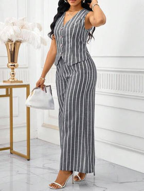 SHEIN Lady بدلة نسائية أنيقة بدون أكمام مكونة من سترة وبنطلون بتصميم شريطي ملون، طراز عمل وتنقل، بدلة صيفية نسائية قطعتين، بدلة عمل نسائية مخططة مكونة من قطعتين