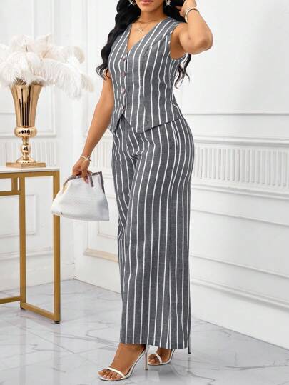 SHEIN Lady بدلة نسائية أنيقة بدون أكمام مكونة من سترة وبنطلون بتصميم شريطي ملون، طراز عمل وتنقل، بدلة صيفية نسائية قطعتين، بدلة عمل نسائية مخططة مكونة من قطعتين