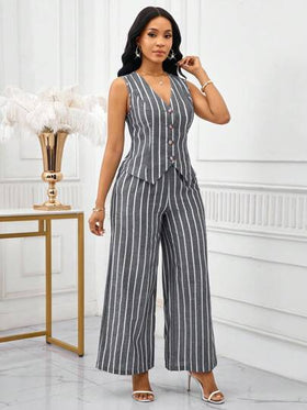 SHEIN Lady بدلة نسائية أنيقة بدون أكمام مكونة من سترة وبنطلون بتصميم شريطي ملون، طراز عمل وتنقل، بدلة صيفية نسائية قطعتين، بدلة عمل نسائية مخططة مكونة من قطعتين