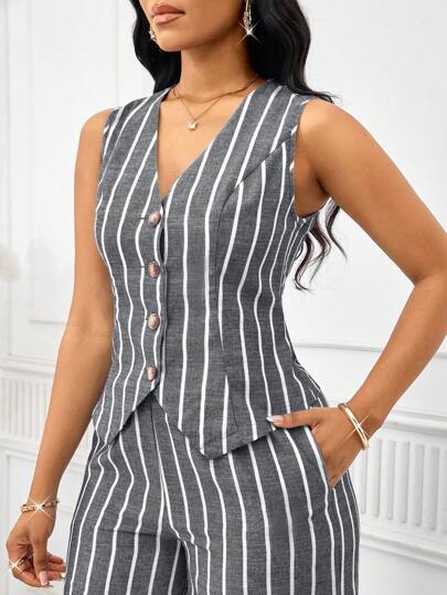 SHEIN Lady بدلة نسائية أنيقة بدون أكمام مكونة من سترة وبنطلون بتصميم شريطي ملون، طراز عمل وتنقل، بدلة صيفية نسائية قطعتين، بدلة عمل نسائية مخططة مكونة من قطعتين