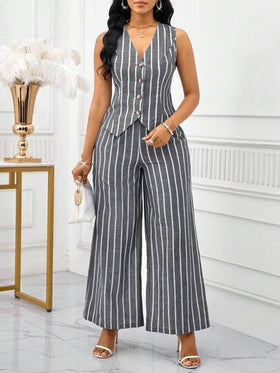 SHEIN Lady بدلة نسائية أنيقة بدون أكمام مكونة من سترة وبنطلون بتصميم شريطي ملون، طراز عمل وتنقل، بدلة صيفية نسائية قطعتين، بدلة عمل نسائية مخططة مكونة من قطعتين