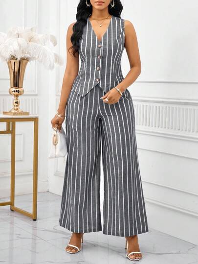 SHEIN Lady بدلة نسائية أنيقة بدون أكمام مكونة من سترة وبنطلون بتصميم شريطي ملون، طراز عمل وتنقل، بدلة صيفية نسائية قطعتين، بدلة عمل نسائية مخططة مكونة من قطعتين