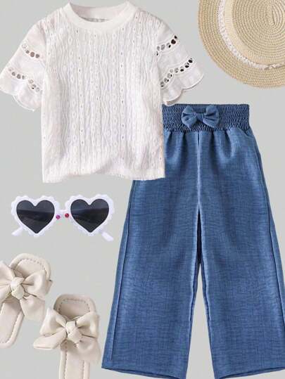SHEIN Genkimix Kids بنطلون كاجوال للفتيات الصغيرات مزين بفيونكة 3D جميلة على حزام قماش مضفر باللون الأزرق