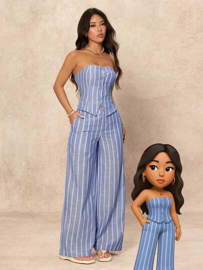 SHEIN PETITE طقم ملابس علوية كاجوال مخططة أحادية الصدر وبنطال واسع الساق موضة قطعتين للنساء، للارتداء اليومي