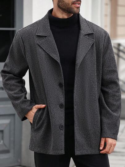 Manfinity Homme معطف رجالي كاجوال فضفاض بياقة لابيل وأكمام طويلة أحادي الصدر، معطف رجالي، معطف طويل للرجال، خريف وشتاء