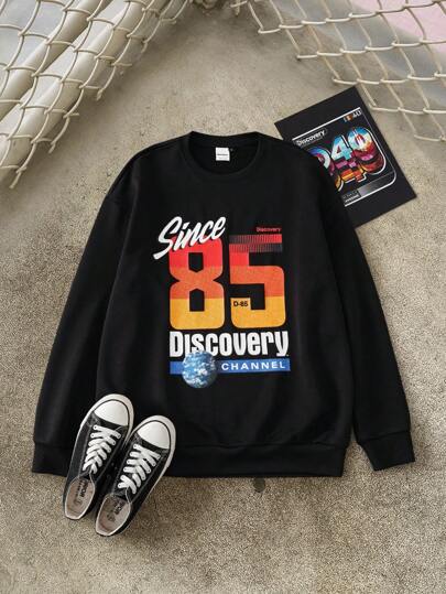 Discovery X SHEIN بلوزة رجالية بياقة طاقم وأكمام طويلة مطبوع عليها رسومات حرفية