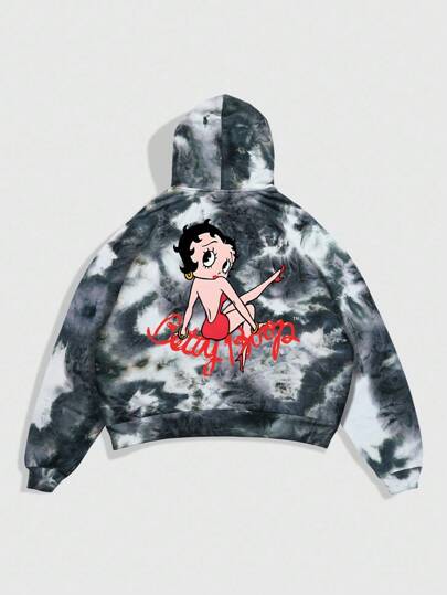 ROMWE MEN Betty Boop | ROMWE بلوزة هودي بطبعات رسوم كرتونية وصبغة التعتيق للرجال