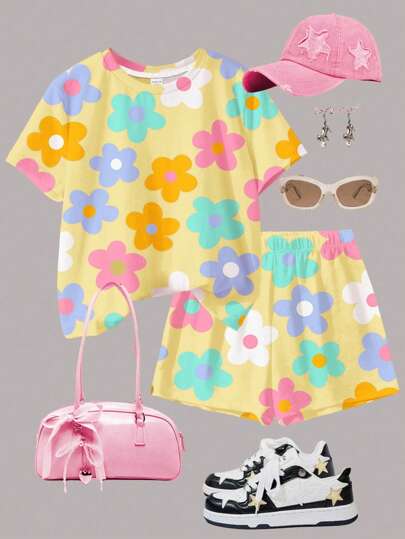 Emery Rose Kids Emery Rose Kids مجموعة بلوزة كم قصير وشورت 2 قطعة مصممة للفتيات المراهقات ذات طراز بسيط، مناسبة للصيف