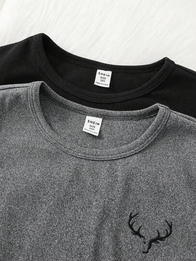 SHEIN 4 قطع مجموعة بيجاما للأولاد المراهقين تتكون من ملابس علوية كاجوال بياقة طاقم وأكمام طويلة وسراويل ضيقة بخصر مطاطي