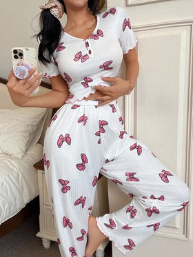 SHEIN مجموعة بيجامات نسائية قصيرة الأكمام بياقة على شكل حرف V وسحاب نصفي مطبوع بشريط وردي، مجموعة بيجامات قطعتين للراحة والاسترخاء، مجموعة بيجامات بشريط وردي جميلة ومتناسقة