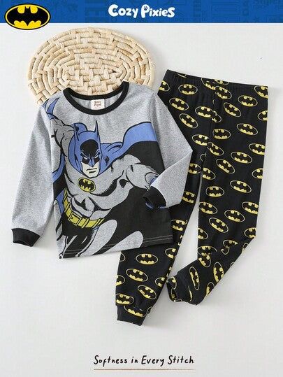 SUPERMAN X Cozy Pixies طقم بيجامة مكون من ملابس علوية كم طويل برقبة طاقم وبنطال طويل بخصر مطاطي ذو نمط كرتوني للأولاد، قطعتان، مصنوع من قماش ناعم محبوك