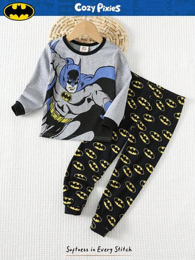 SUPERMAN X Cozy Pixies طقم بيجامة مكون من ملابس علوية كم طويل برقبة طاقم وبنطال طويل بخصر مطاطي ذو نمط كرتوني للأولاد، قطعتان، مصنوع من قماش ناعم محبوك