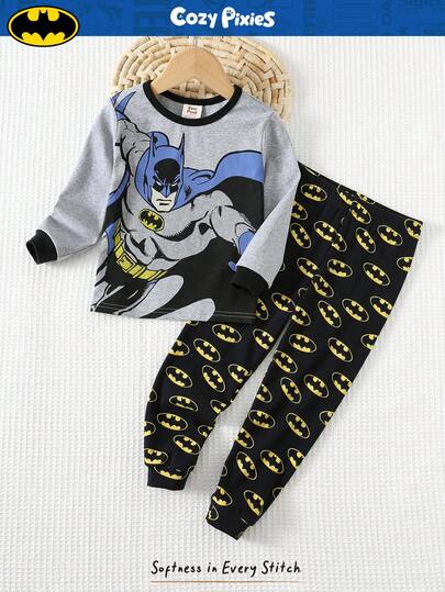 SUPERMAN X Cozy Pixies طقم بيجامة مكون من ملابس علوية كم طويل برقبة طاقم وبنطال طويل بخصر مطاطي ذو نمط كرتوني للأولاد، قطعتان، مصنوع من قماش ناعم محبوك