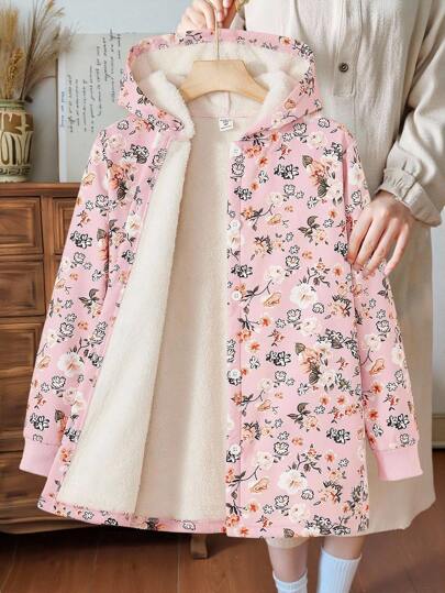 SHEIN Vintaside Kids معطف متوسط الطول مبطن بالفرو الفاخر بنمط زهري قديم للفتيات المراهقات، للاستخدام في الخريف / الشتاء والعطلات والصيف والسفر