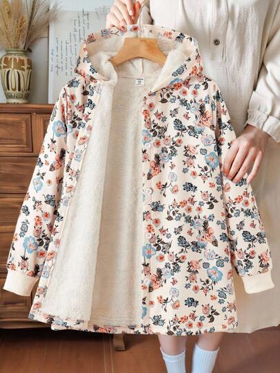 SHEIN Vintaside Kids معطف مبطن للفتاة المراهقة بطبعة زهرية عتيقة بغطاء رأس فرواني، موضة خريف/شتاء