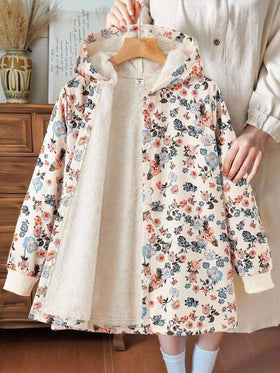 SHEIN Vintaside Kids معطف مبطن للفتاة المراهقة بطبعة زهرية عتيقة بغطاء رأس فرواني، موضة خريف/شتاء