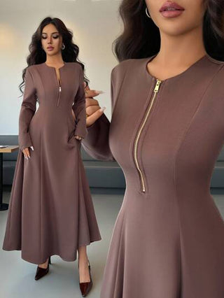 Elenzga فستان نسائي أنيق بياقة مستديرة وسحاب أمامي، تصميم راقي مناسب للخصر، بأكمام طويلة وتنورة متموجة، لون بني قهوائي، مناسب للتنقل في فصل الخريف
