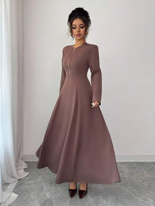Elenzga فستان نسائي أنيق بياقة مستديرة وسحاب أمامي، تصميم راقي مناسب للخصر، بأكمام طويلة وتنورة متموجة، لون بني قهوائي، مناسب للتنقل في فصل الخريف