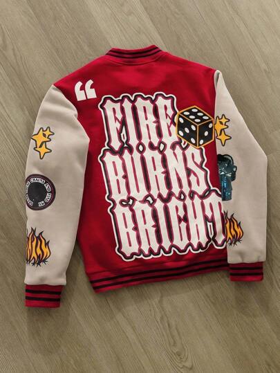 Manfinity Roghcode جاكيت بيسبول كاجوال بأكمام طويلة ذات لون أحادي وطباعة حرفية ، جاكيت رياضية حمراء ، جاكيت بطباعة حمراء ، للخريف