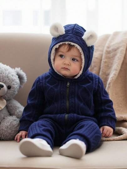 Playful Pals بدلة طفل ولد كاجوال زرقاء داكنة مع تصميم أذن وبر مغطاة، مناسبة للخروج مع الوالدين، البيت للاسترخاء، نزهات نهاية الأسبوع، حفلات مريحة، خريف/شتاء