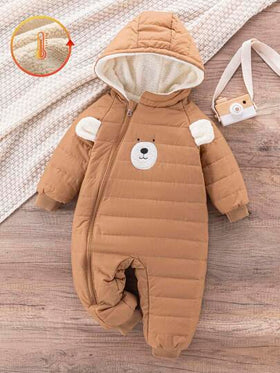 SHEIN جمبسوت رضيع طفل صغير من عمر 0-3 سنوات، مبطنة بالفرو الدافئ مطرزة بالدب، جمبسوت قطيفة بأذن الدب، ملابس خارجية للخريف/الشتاء